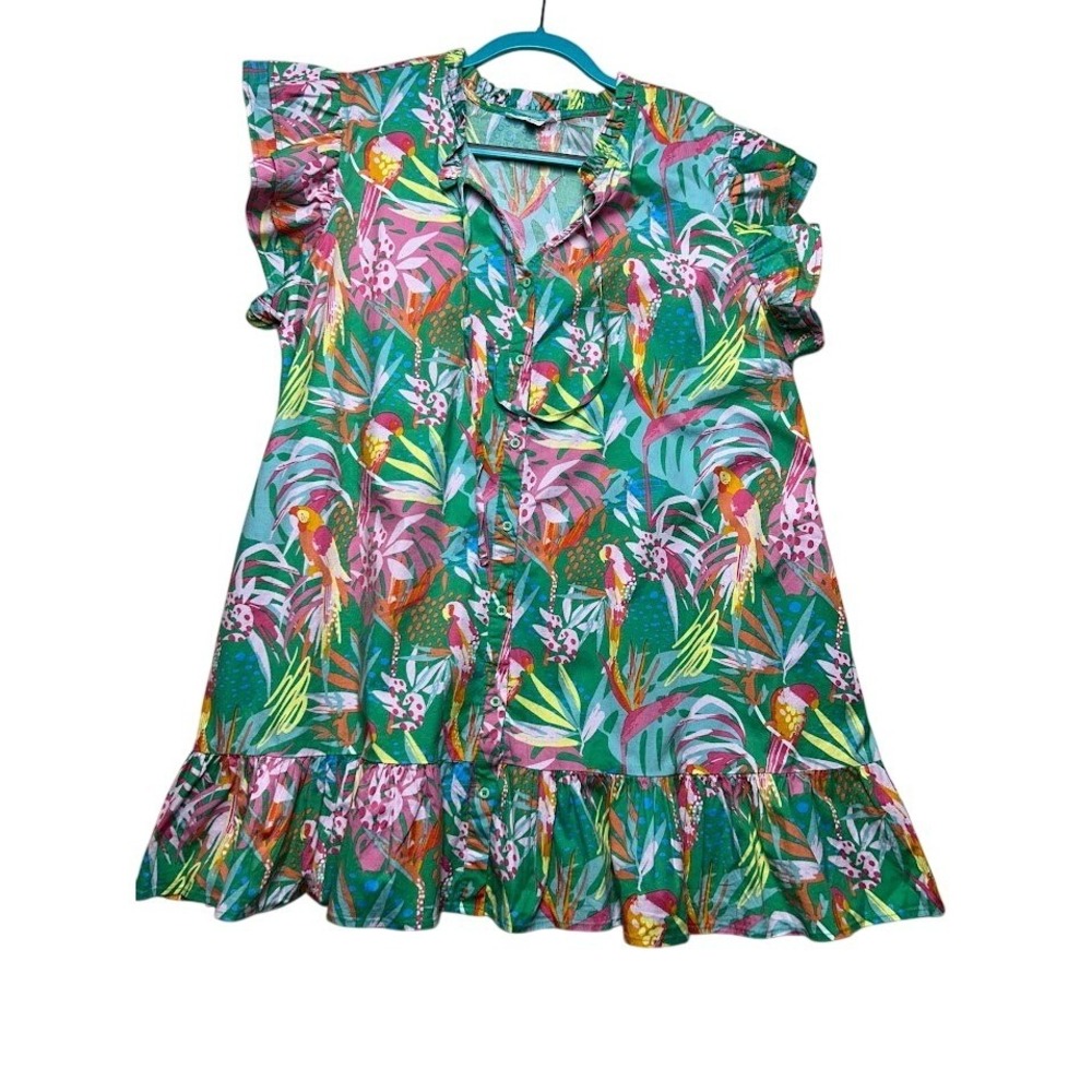 Michelle‎ McDowell XXL Green Tropical Parrot  Ruffle  Button Front Tunic/Dress